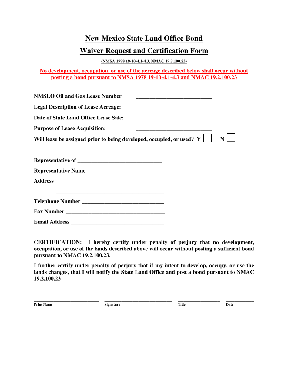 Oil and Gas Bond Waiver Request and Certification Form - New Mexico, Page 1