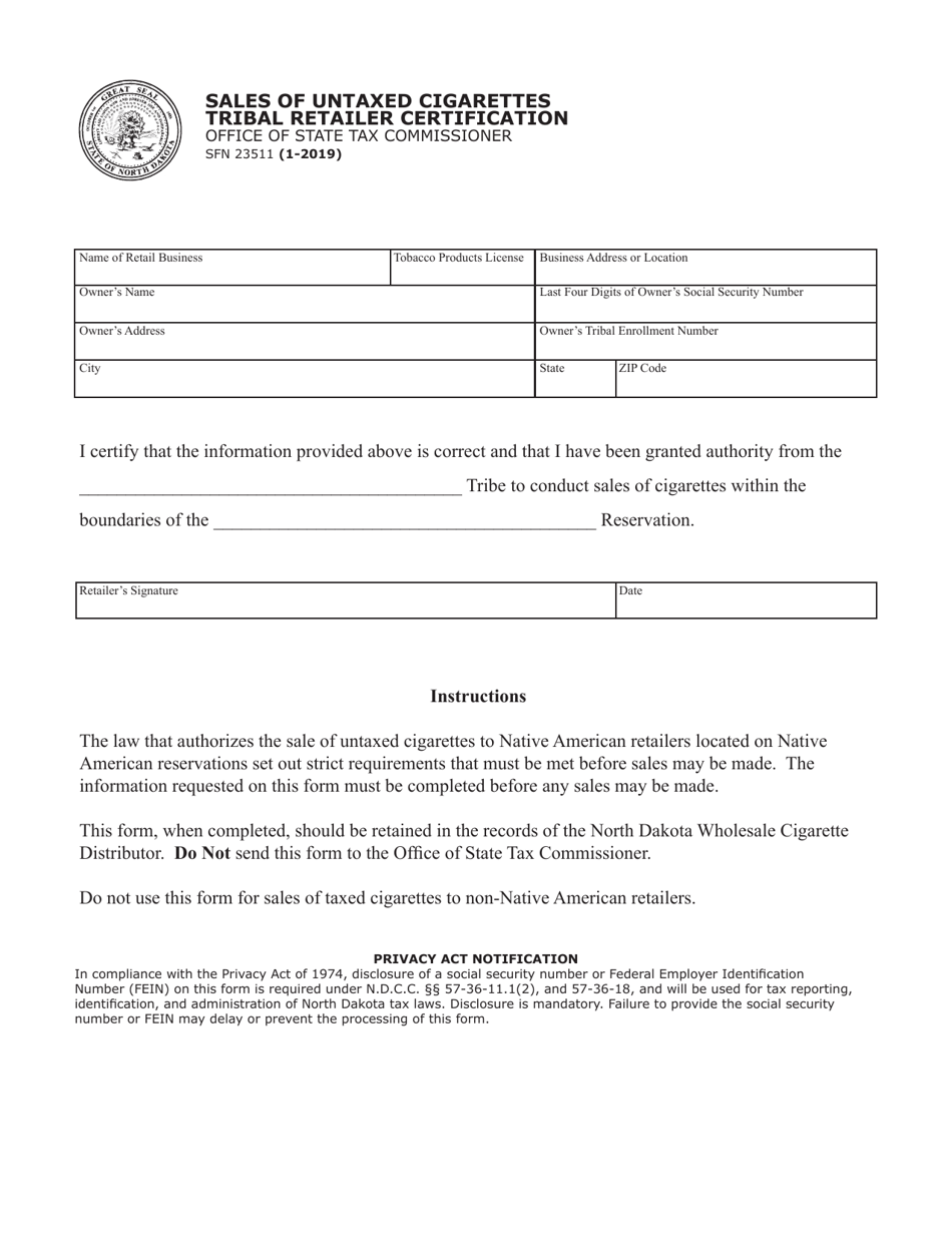Form SFN23511 Sales of Untaxed Cigarettes Tribal Retailer Certification - North Dakota, Page 1