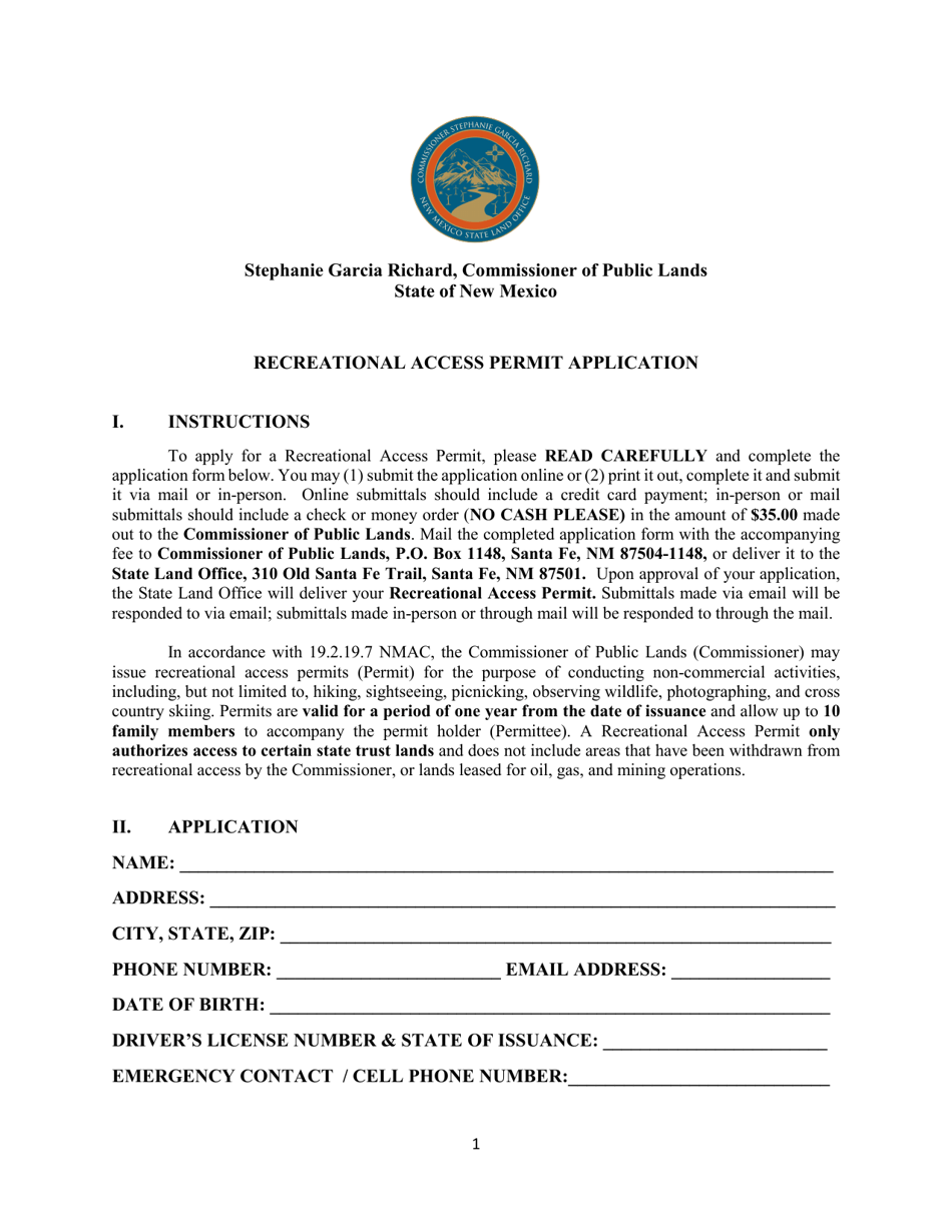 Recreational Access Permit Application - New Mexico, Page 1