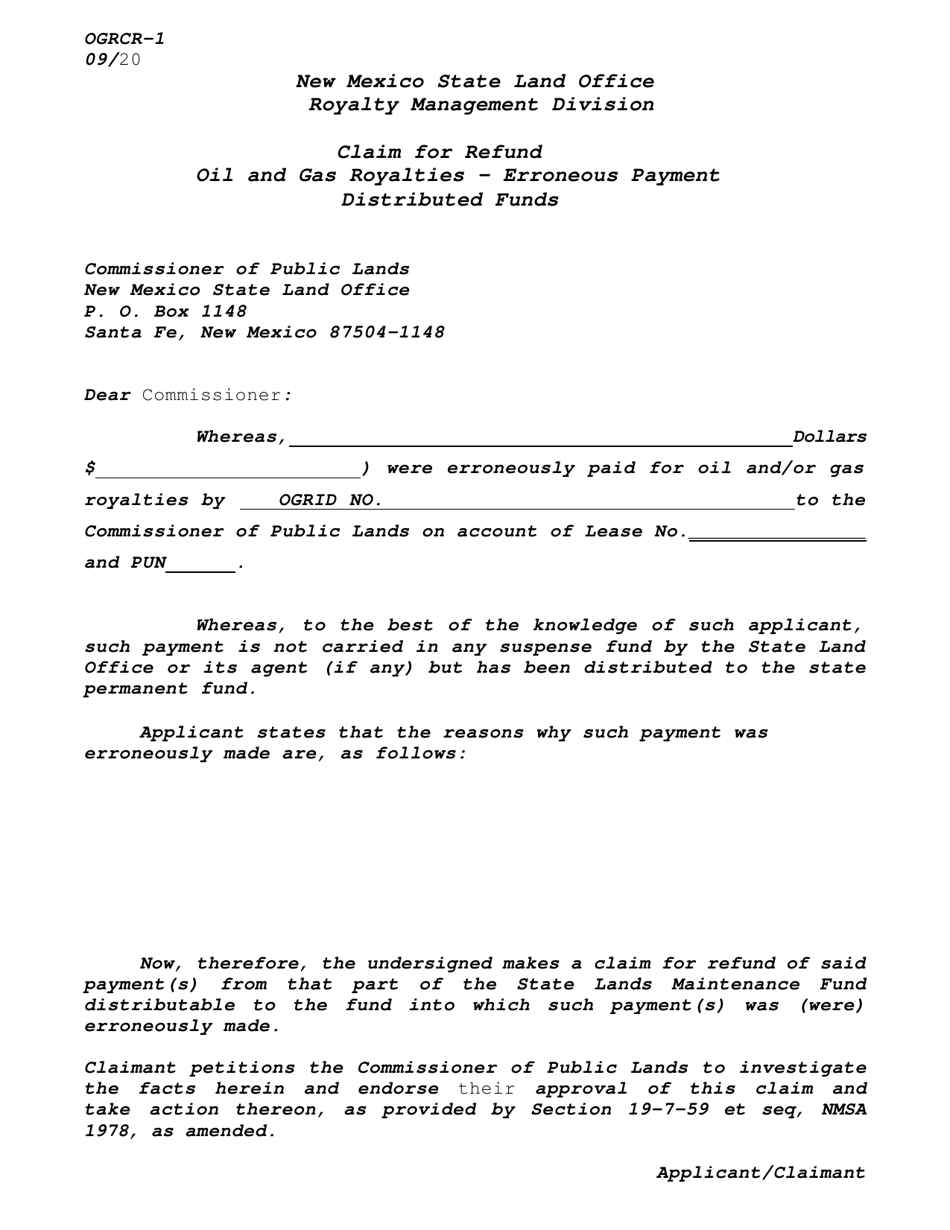 Form OGRCR-1 Claim for Refund - Distributed Funds - New Mexico, Page 1