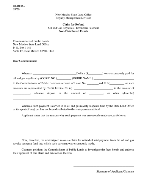 Form OGRCR-2 Claim for Refund Non-distributed Funds - New Mexico