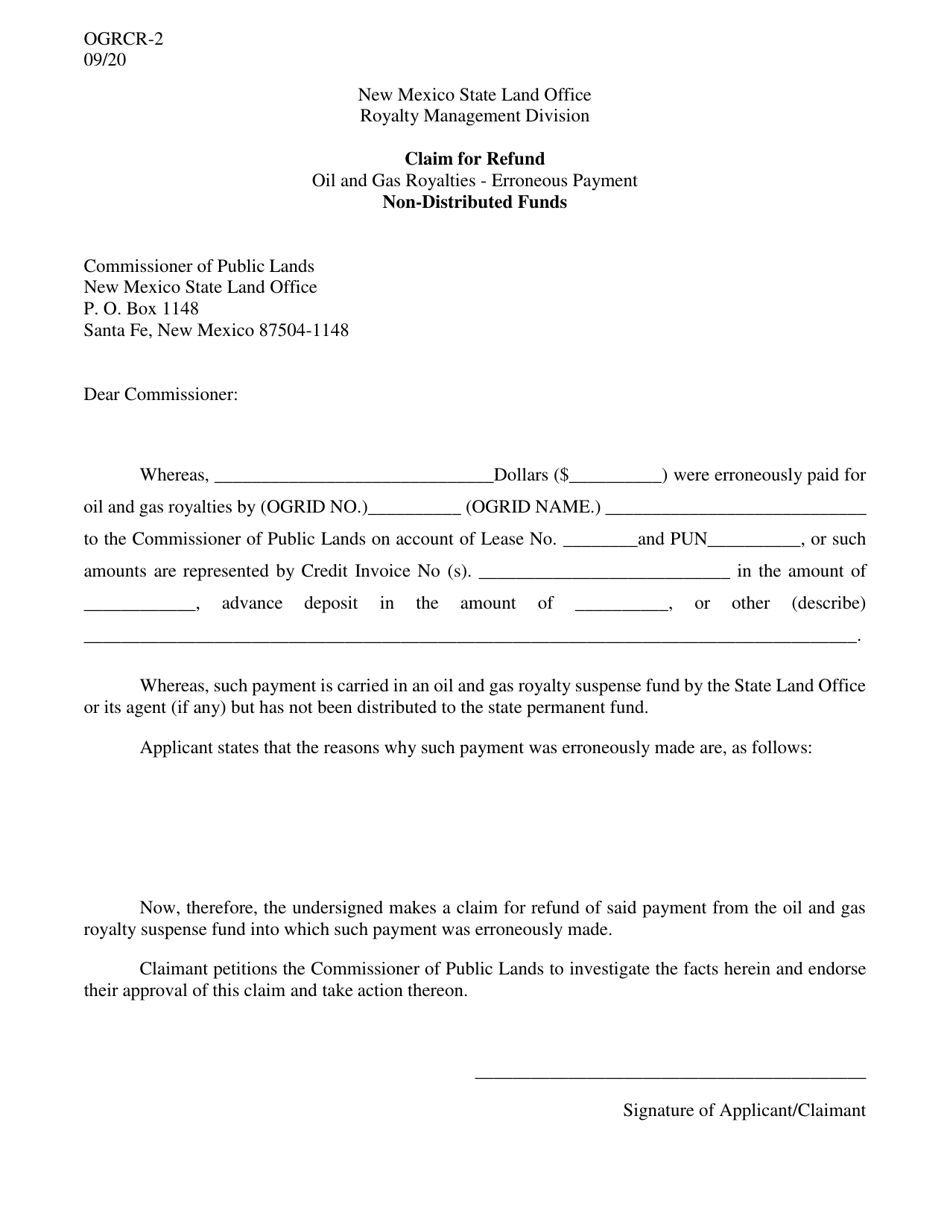 Form OGRCR-2 Claim for Refund Non-distributed Funds - New Mexico, Page 1