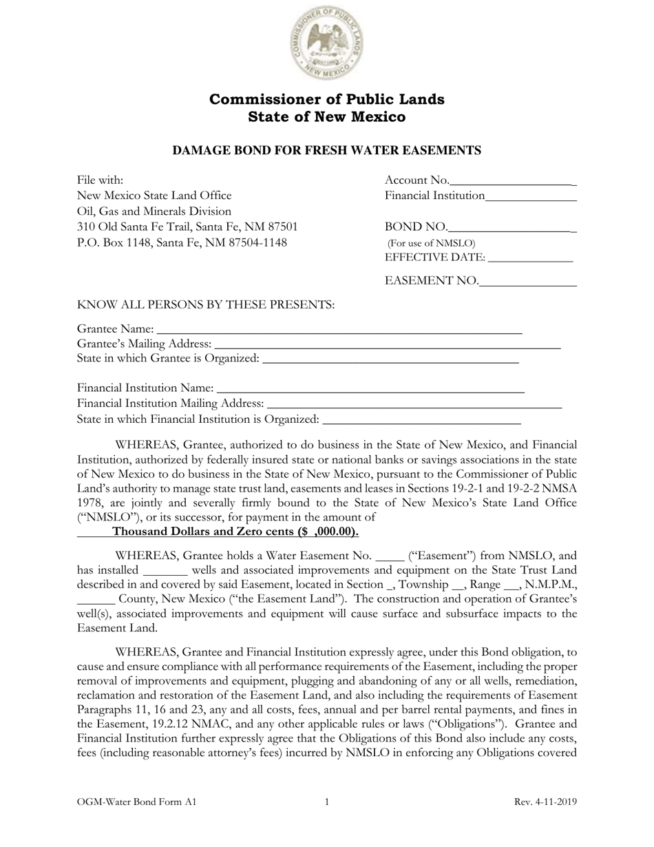 Form A1 Damage Bond for Fresh Water Easements - Financial Institution - New Mexico, Page 1