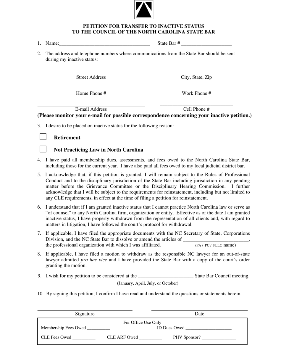 Petition for Transfer to Inactive Status to the Council of the North Carolina State Bar - North Carolina, Page 2