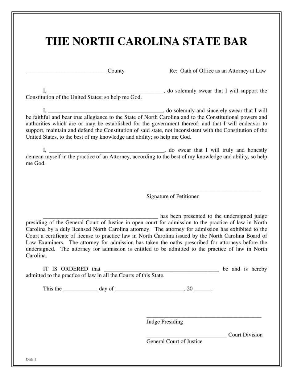 Oath of Office as an Attorney at Law - North Carolina, Page 1