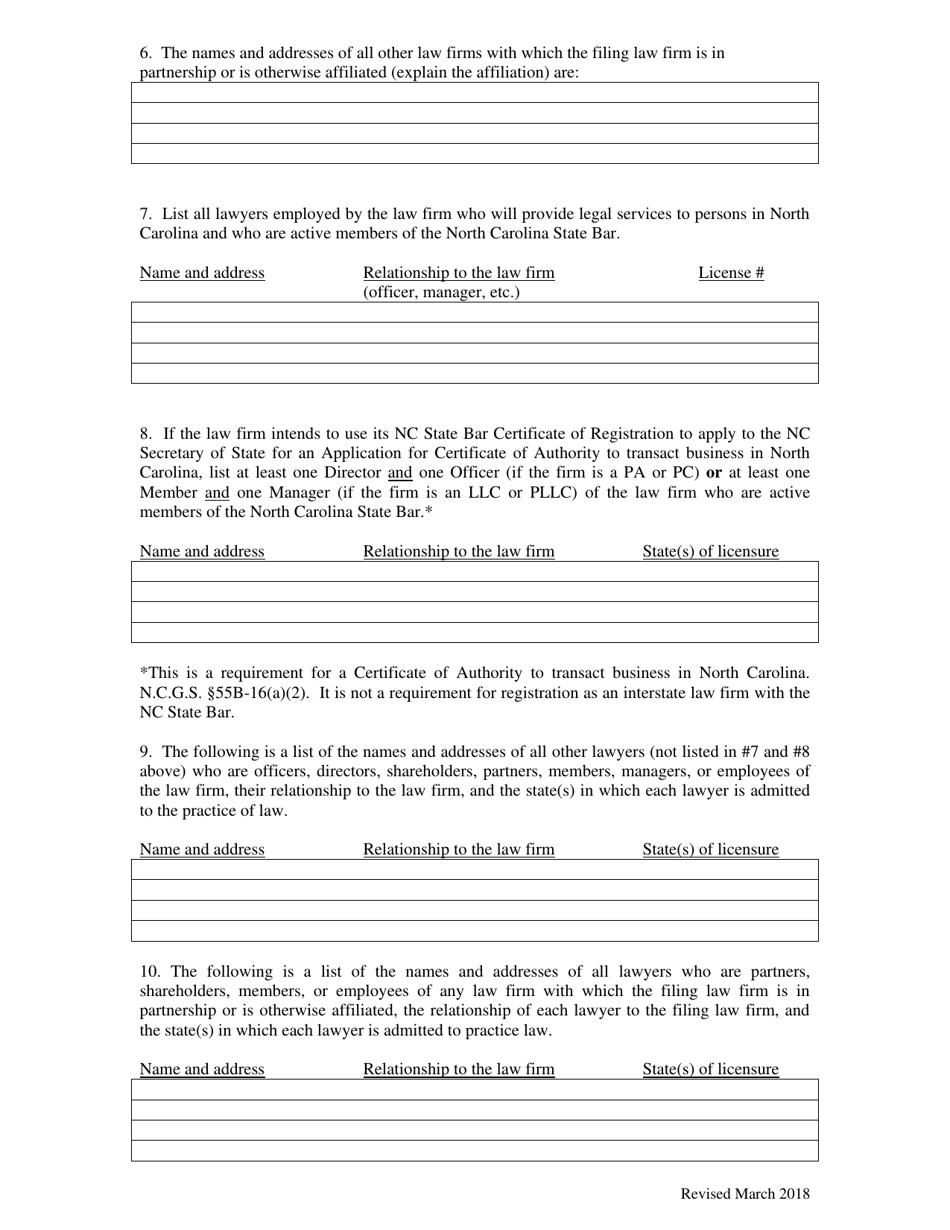 Interstate and International Law Firm Application for Registration Statement - North Carolina, Page 3