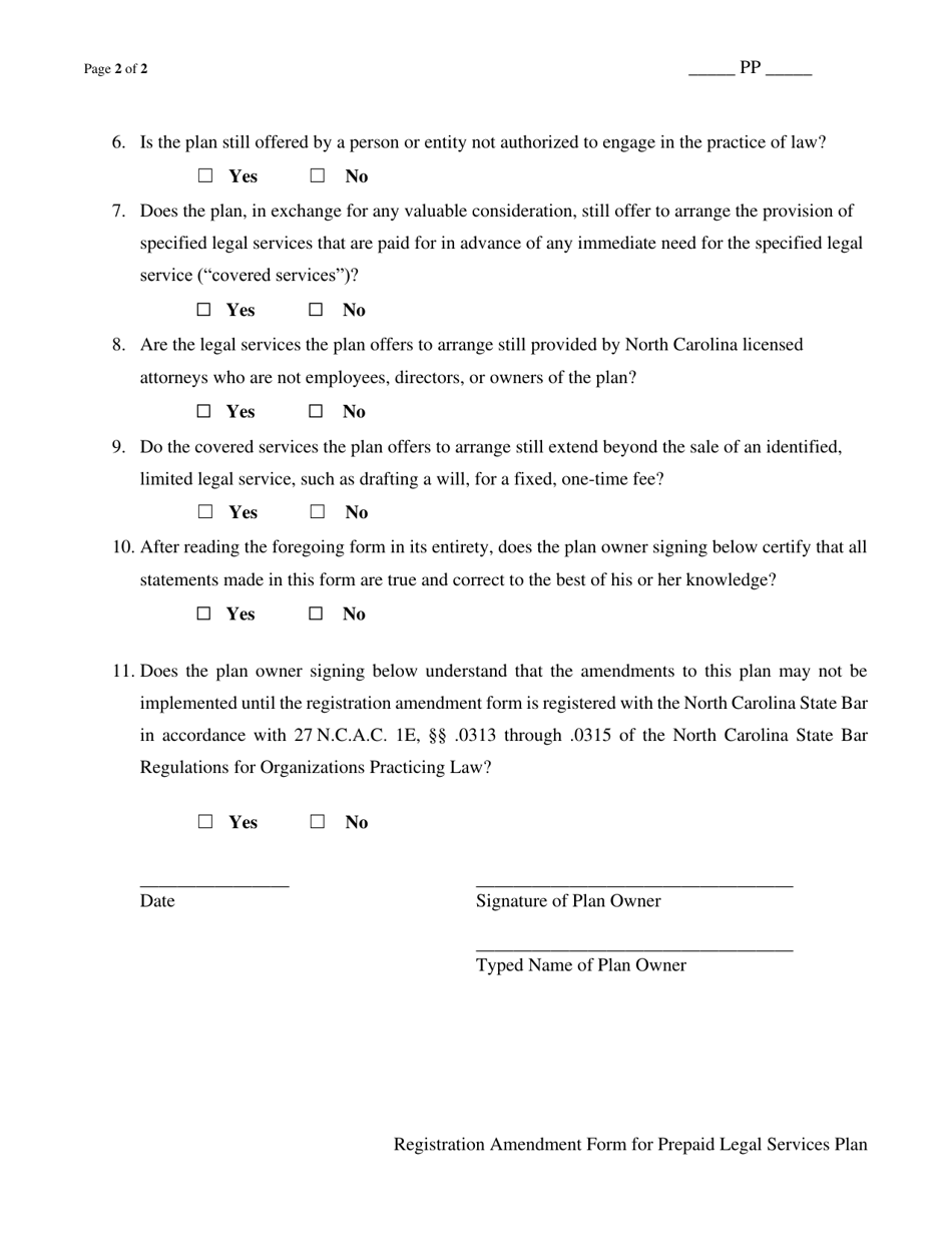 Registration Amendment Form for Prepaid Legal Services Plan - North Carolina, Page 2