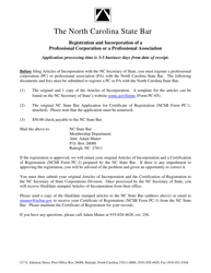 Application for Certificate of Registration for a Professional Corporation/Professional Association - North Carolina