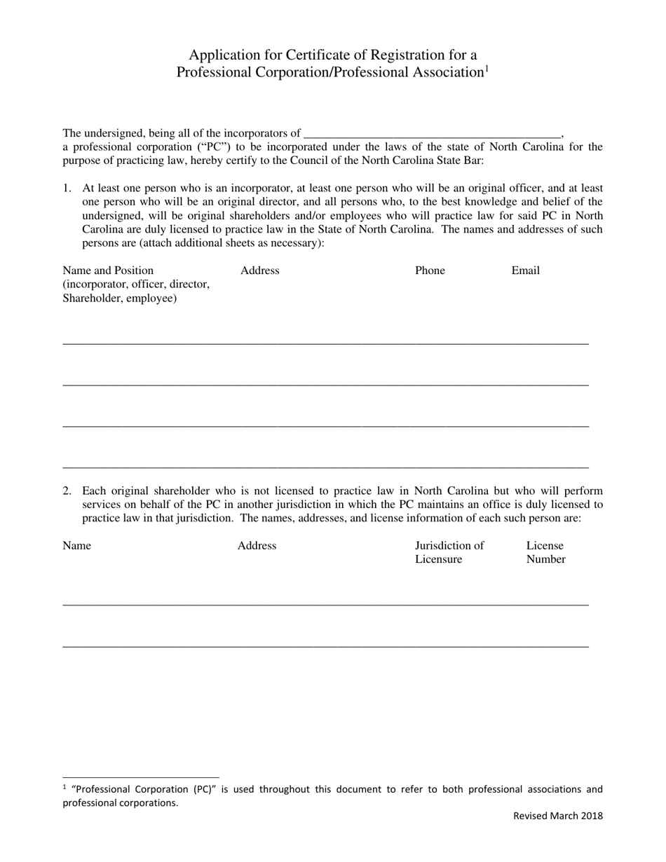 Application for Certificate of Registration for a Professional Corporation / Professional Association - North Carolina, Page 2