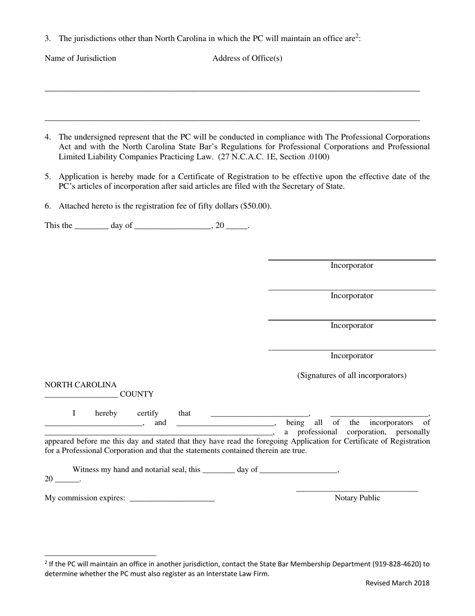 Application for Certificate of Registration for a Professional Corporation / Professional Association - North Carolina, Page 3