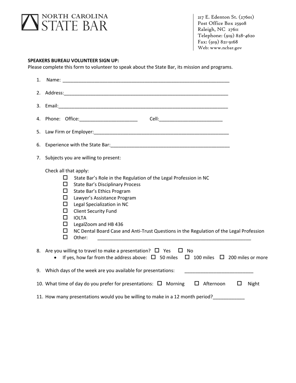 North Carolina Speakers Bureau Volunteer Sign up Fill Out, Sign