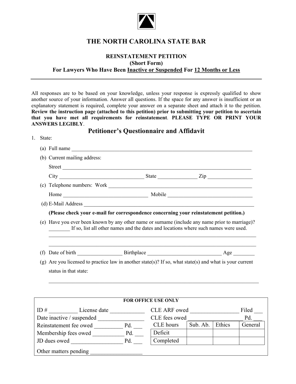 Reinstatement Petition (Short Form) for Lawyers Who Have Been Inactive or Suspended for 12 Months or Less - North Carolina, Page 2