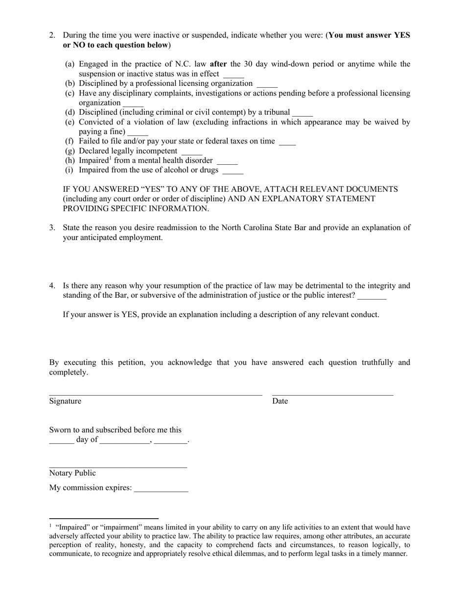 Reinstatement Petition (Short Form) for Lawyers Who Have Been Inactive or Suspended for 12 Months or Less - North Carolina, Page 3