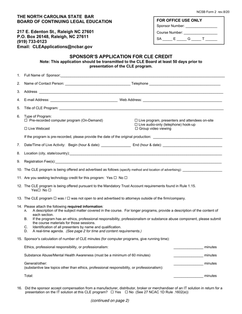 NCSB Form 2 Sponsor's Application for Cle Credit - North Carolina