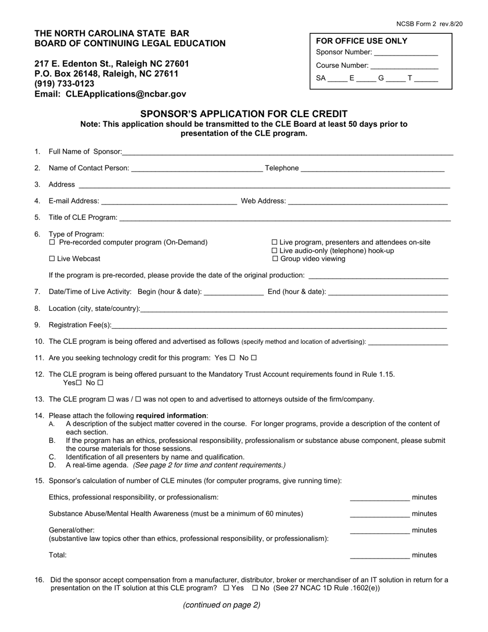 NCSB Form 2 Sponsors Application for Cle Credit - North Carolina, Page 1