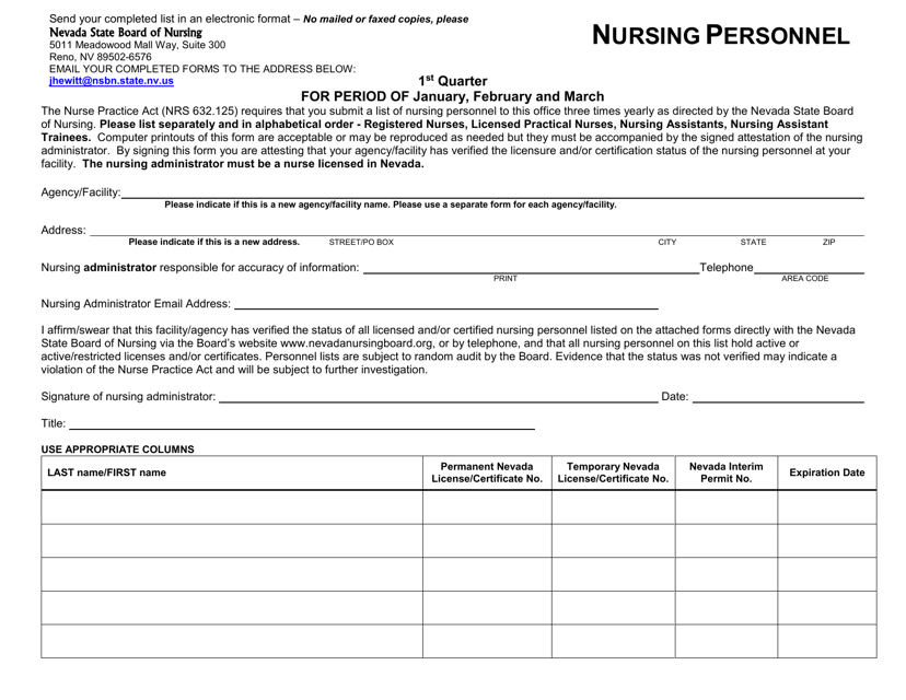 Nursing Personnel - 1st Quarter - Nevada