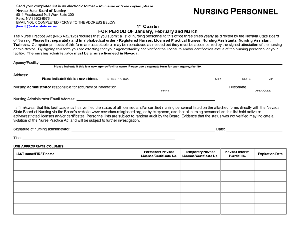 Nursing Personnel - 1st Quarter - Nevada, Page 1