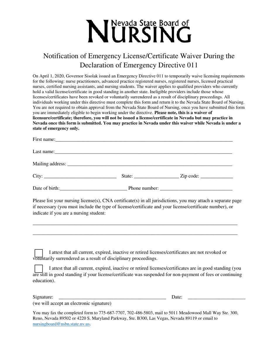 Notification of Emergency License / Certificate Waiver During the Declaration of Emergency Directive 011 - Nevada, Page 1