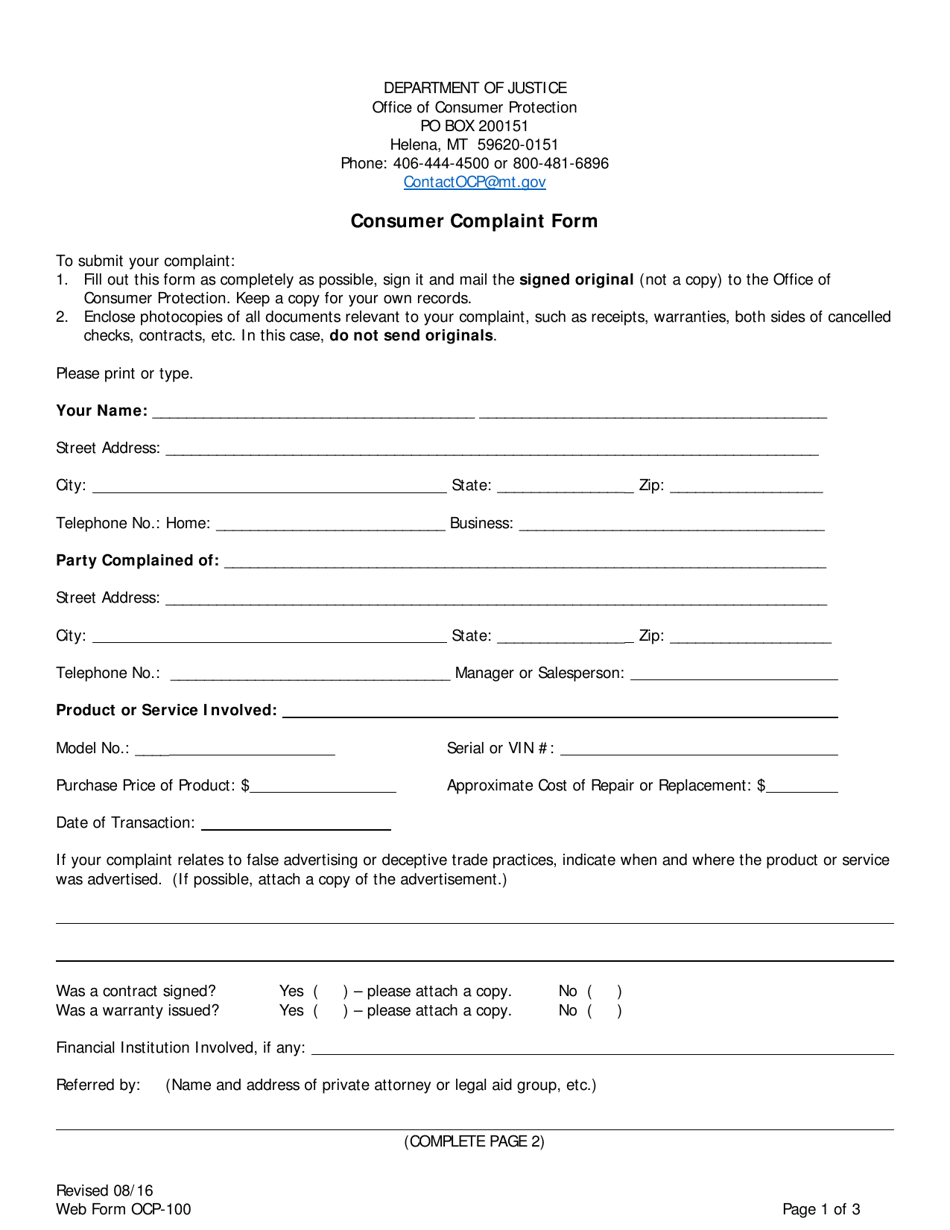 Form OCP-100 Consumer Complaint Form - Montana, Page 1