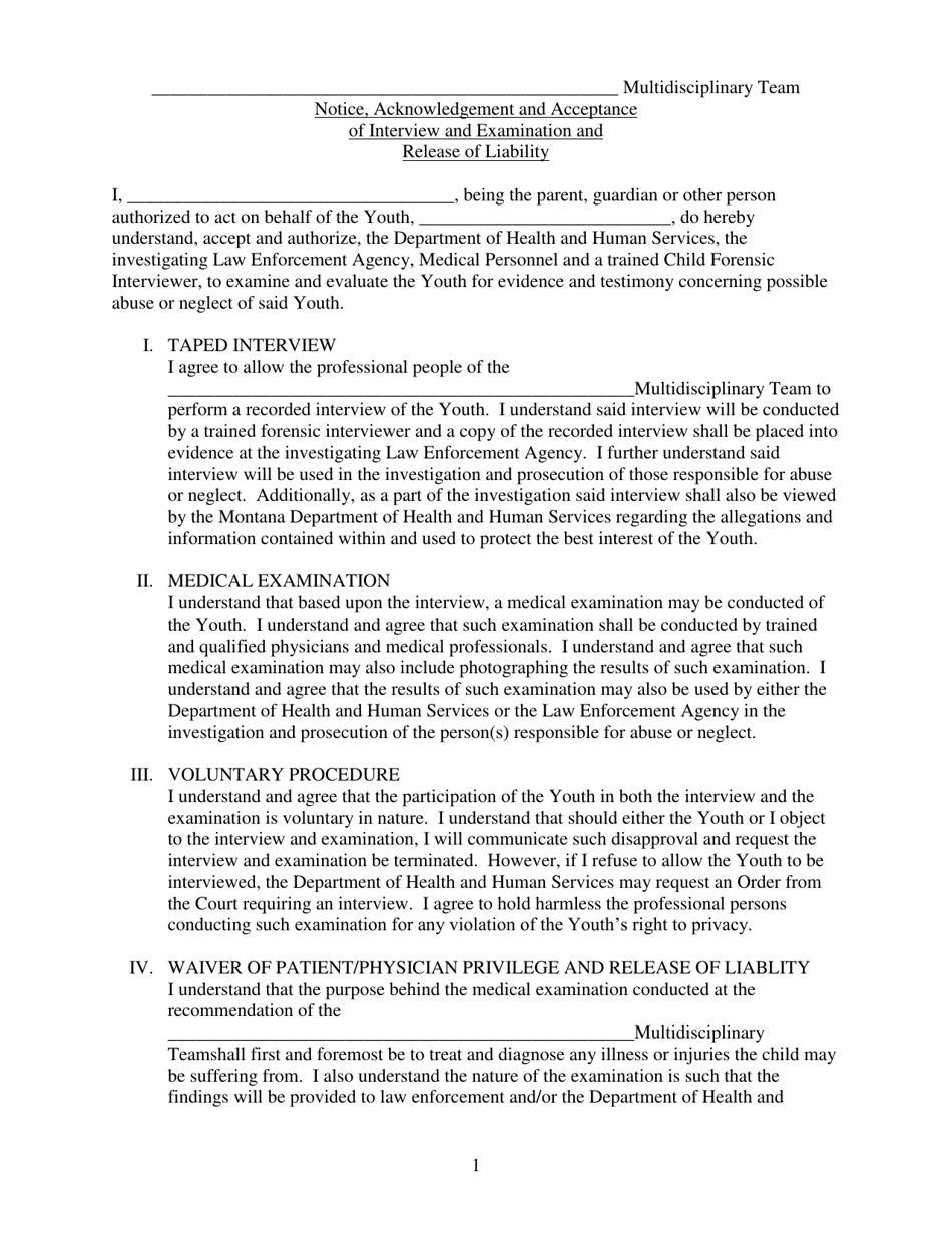 Notice, Acknowledgement and Acceptance of Interview and Examination and Release of Liability - Montana, Page 1