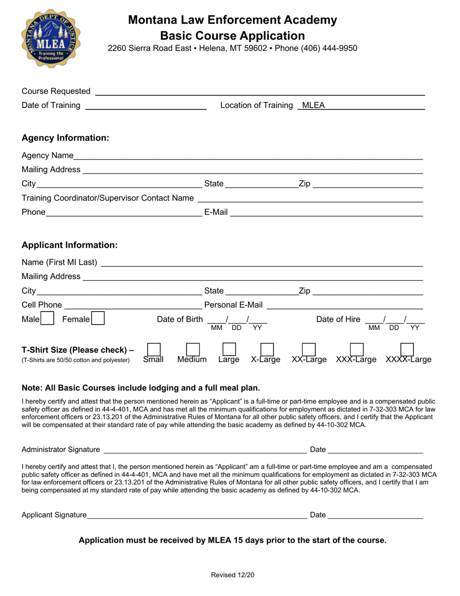 Montana Basic Course Application Fill Out, Sign Online and Download