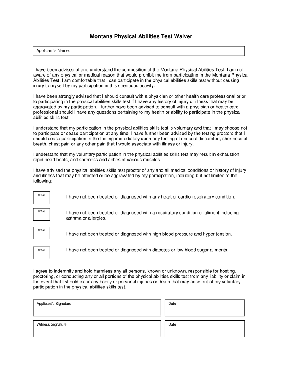 Montana Physical Abilities Test Waiver - Montana, Page 1