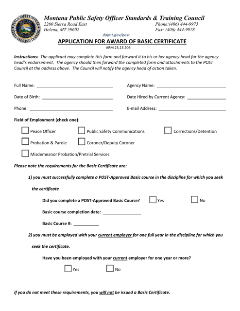 Application for Award of Basic Certificate - Montana Download Pdf