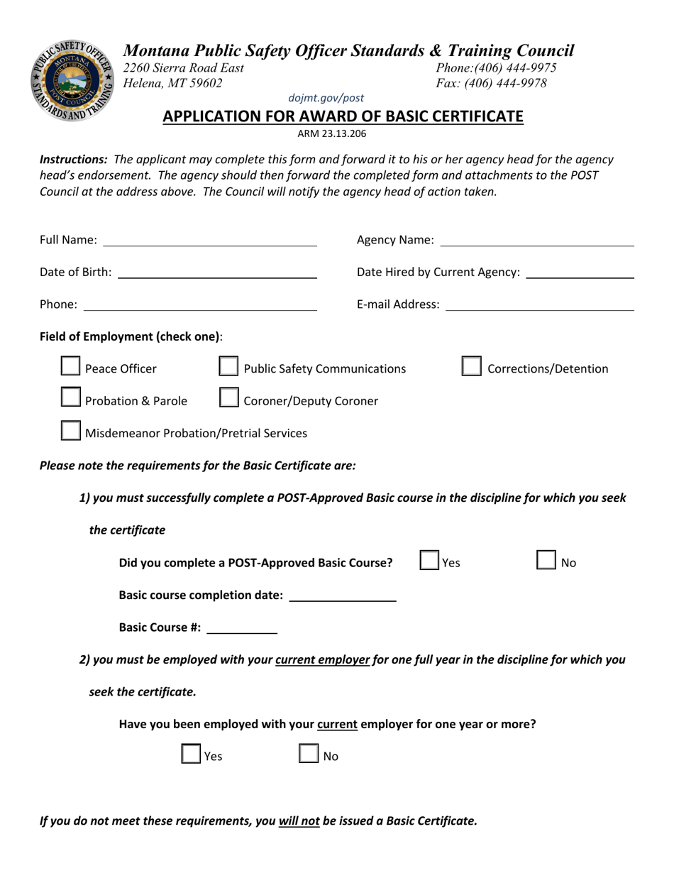 Application for Award of Basic Certificate - Montana, Page 1