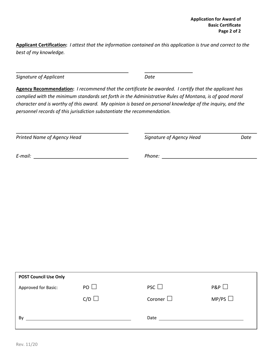 Montana Application for Award of Basic Certificate - Fill Out, Sign ...