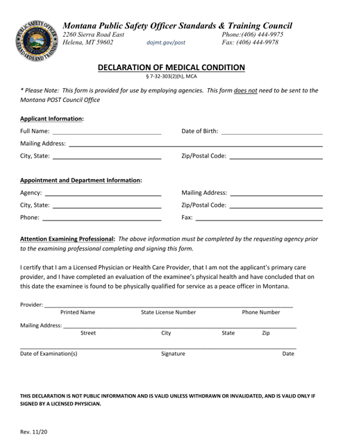 Declaration of Medical Condition - Montana Download Pdf