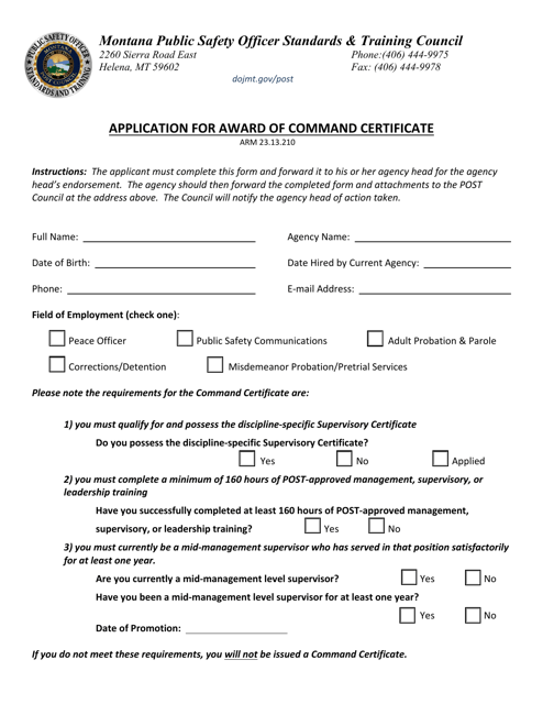 Application for Award of Command Certificate - Montana Download Pdf