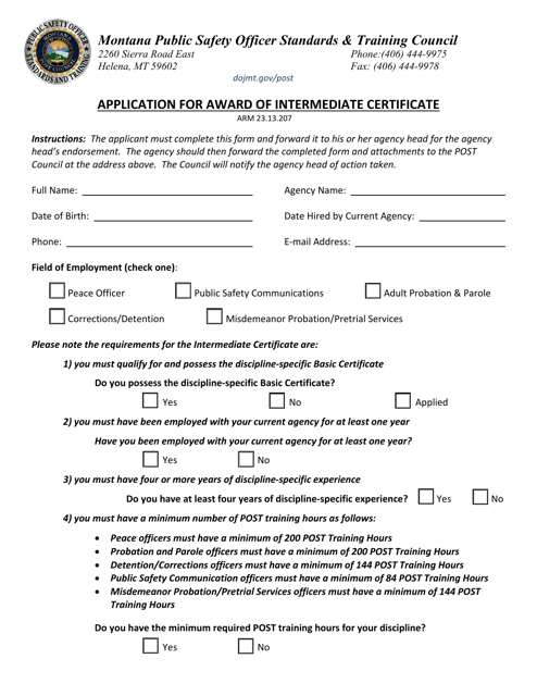 Application for Award of Intermediate Certificate - Montana Download Pdf