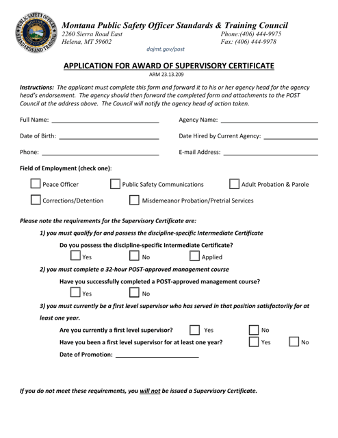 Application for Award of Supervisory Certificate - Montana Download Pdf