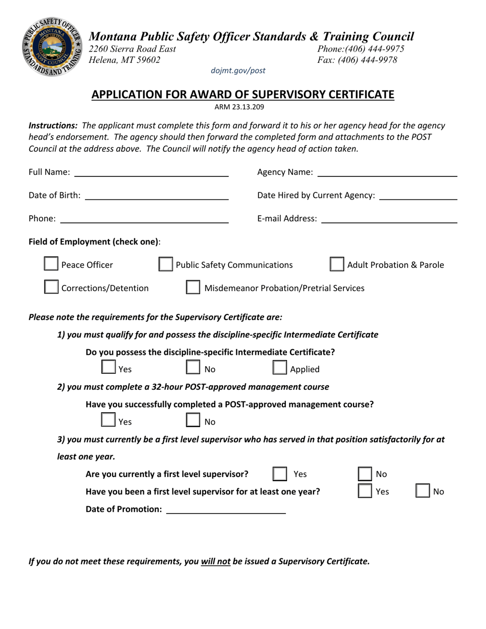 Application for Award of Supervisory Certificate - Montana, Page 1