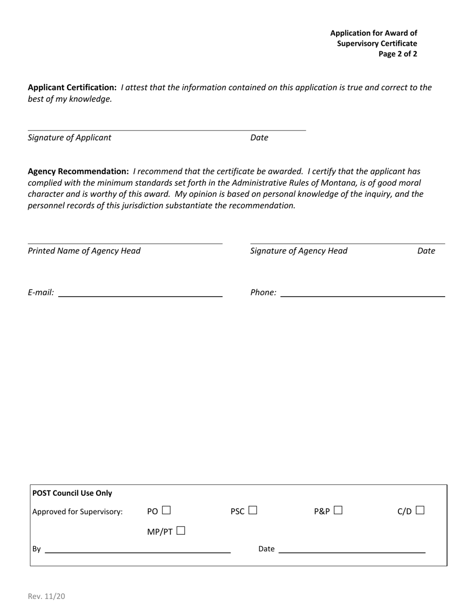 Application for Award of Supervisory Certificate - Montana, Page 2