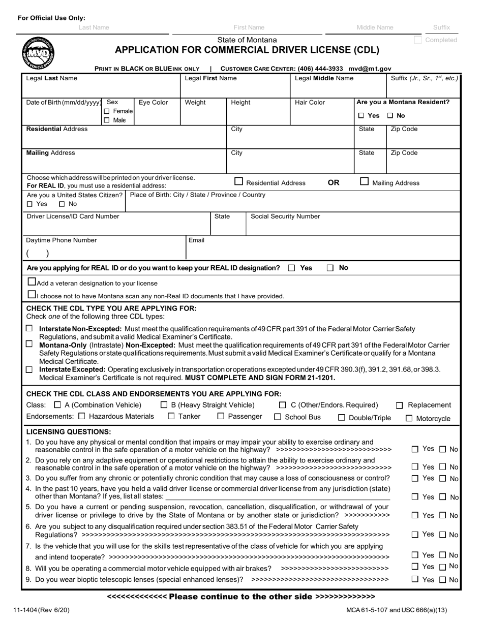 Form 11 1404 Download Fillable Pdf Or Fill Online Application For Commercial Driver License Cdl Montana Templateroller