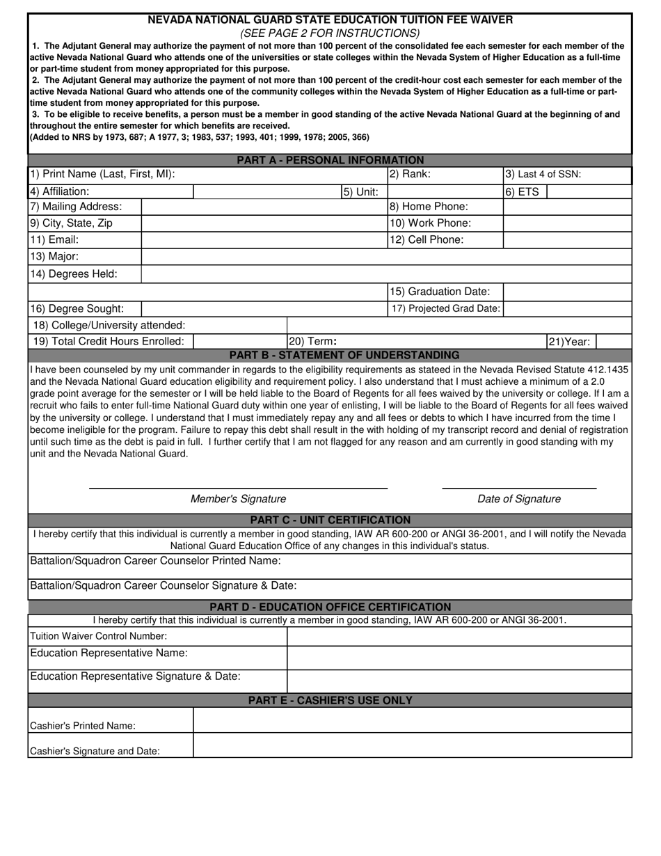 Nevada National Guard State Education Tuition Fee Waiver - Nevada, Page 1