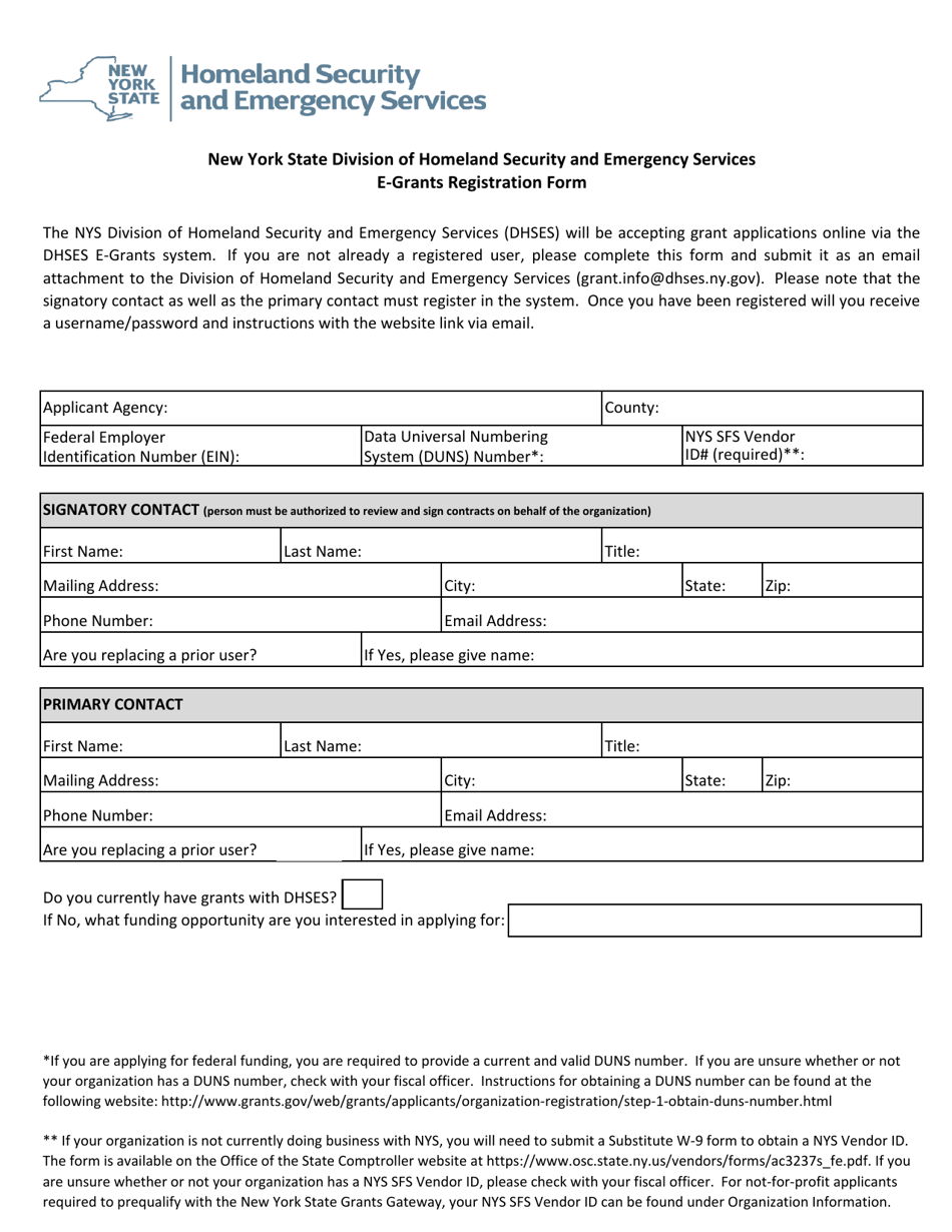 E-Grants Registration Form - New York, Page 1