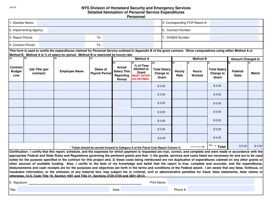 Detailed Itemization of Personal Service Expenditures - Personnel - New York, Page 1