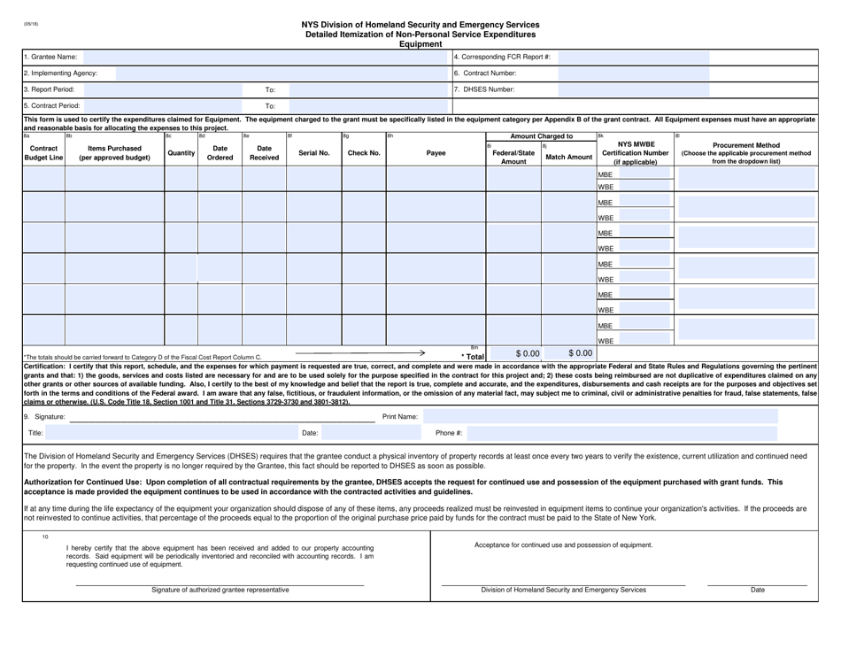 Detailed Itemization of Non-personal Service Expenditures - Equipment - New York, Page 1