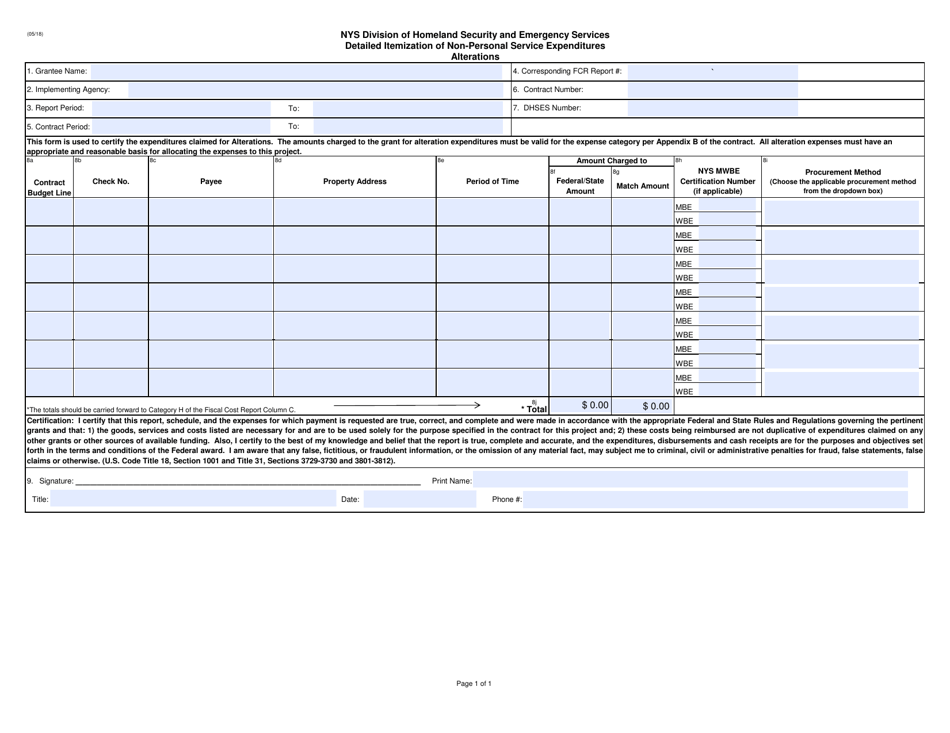 Detailed Itemization of Non-personal Service Expenditures - Alterations - New York, Page 1