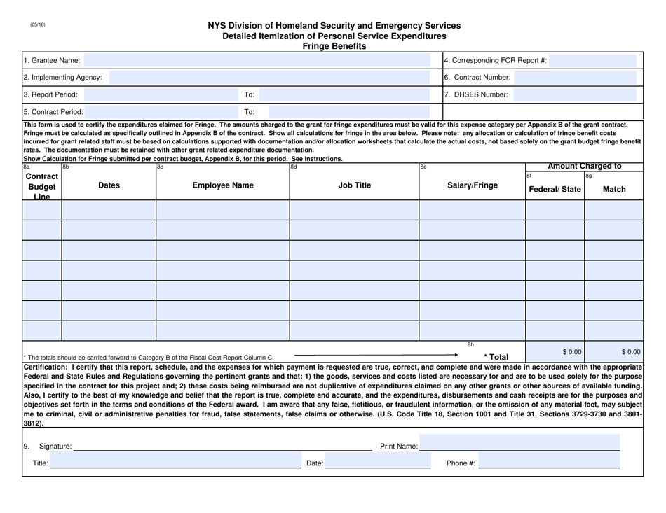 Detailed Itemization of Personal Service Expenditures - Fringe Benefits - New York, Page 1