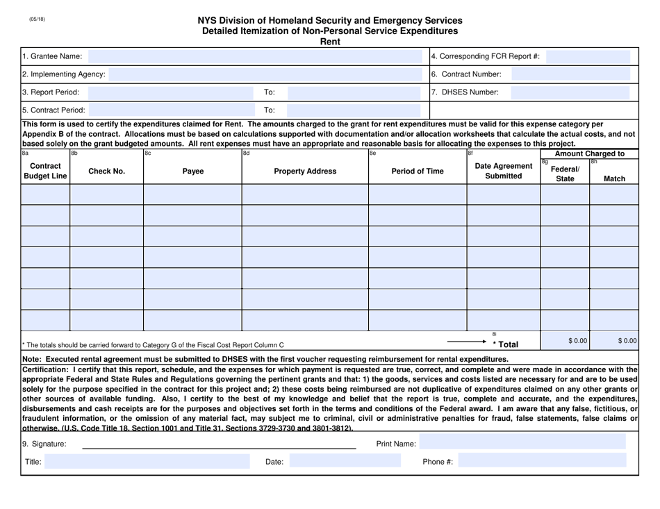Detailed Itemization of Non-personal Service Expenditures - Rent - New York, Page 1