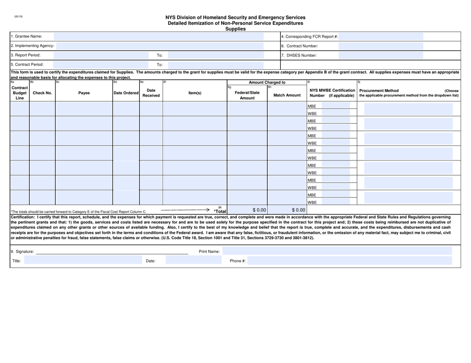 Detailed Itemization of Non-personal Service Expenditures - Supplies - New York, Page 1