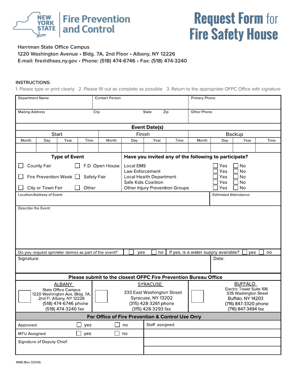 Form 1848 Request Form for Fire Safety House - New York, Page 1