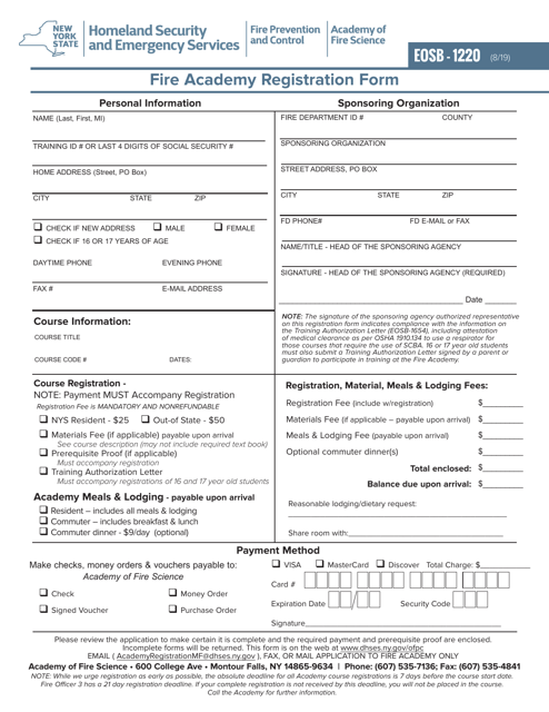 Form EOSB-1220 Fire Academy Registration Form - New York