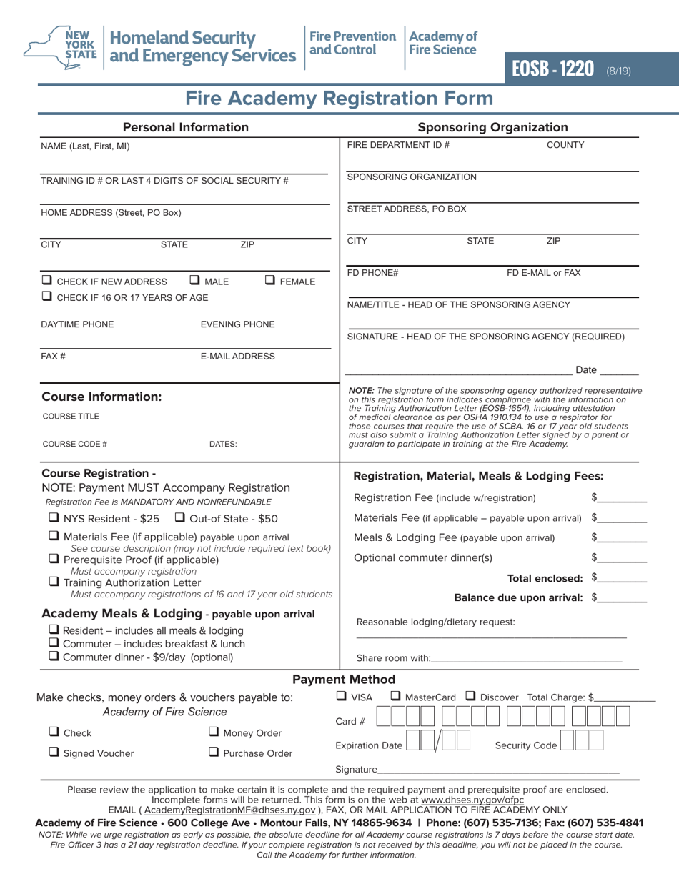 Form EOSB-1220 Fire Academy Registration Form - New York, Page 1