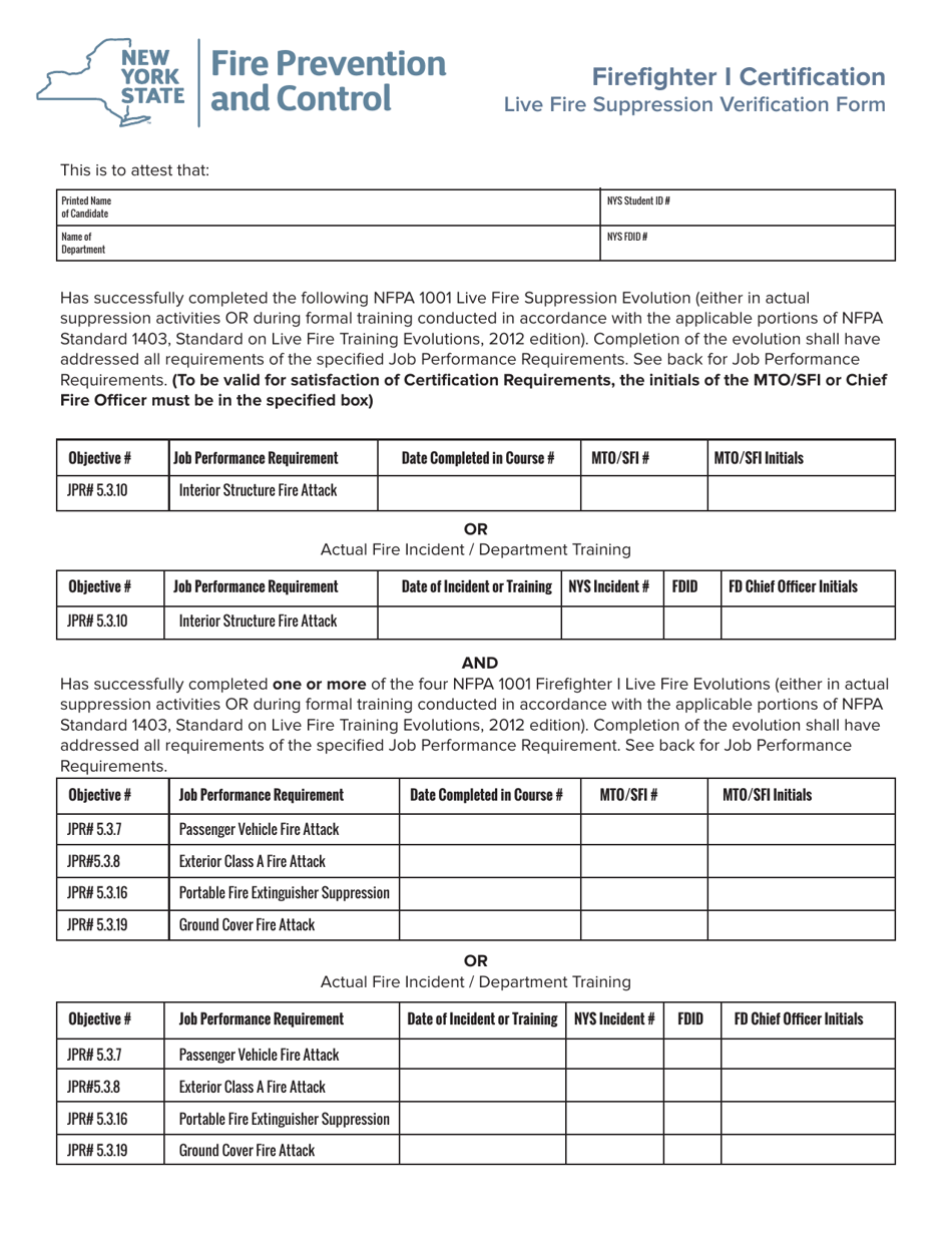 Live Fire Suppression Verification Form - Firefighter I - New York, Page 1