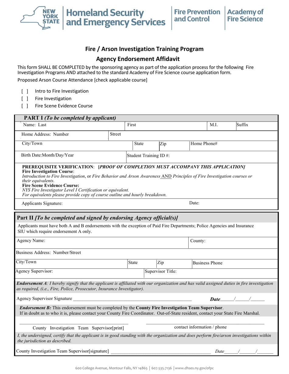 Fire / Arson Investigation Training Program Agency Endorsement Affidavit - New York, Page 1