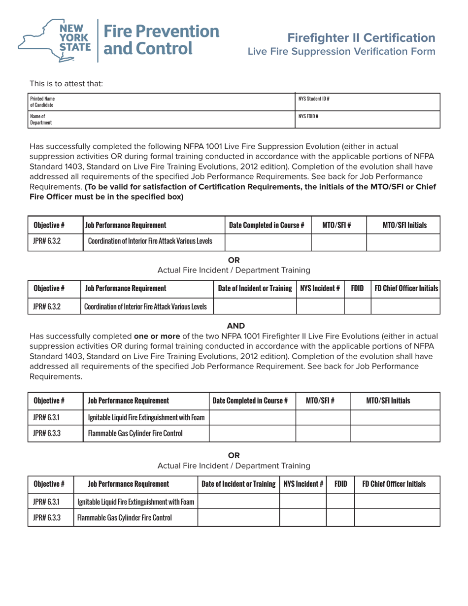 Live Fire Suppression Verification Form - Firefighter Ii - New York, Page 1